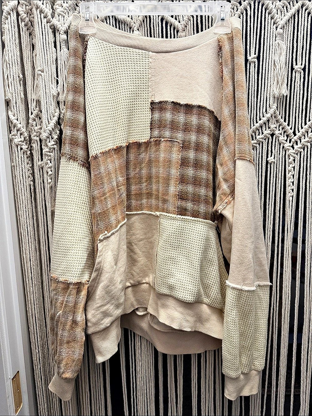 Easel Thermal Waffle Knit Pullover with Patchwork Pullover Brown & Cream